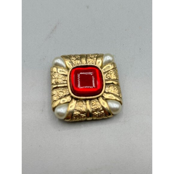 Vintage Red & Gold Brooch Square Design with Pearl Drops Corners Costume Jewelry - Picture 5 of 11